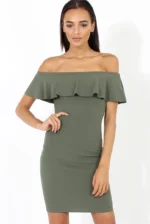 Elara Bardot Frill Hem Midi Dress - khaki (1) Khaki bardot midi dress with off shoulder design frill detail and fitted bodycon shape