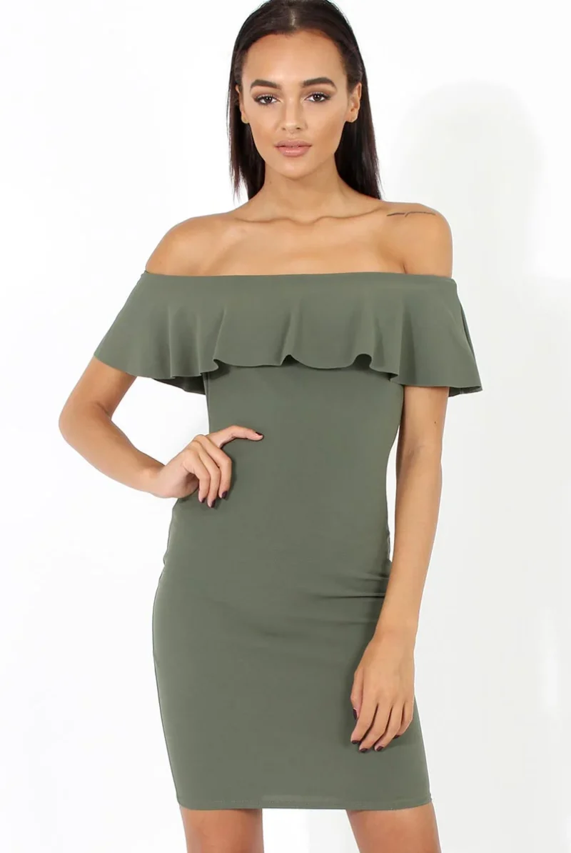 Khaki bardot midi dress with off shoulder design frill detail and fitted bodycon shape