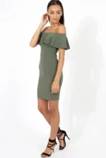 Elara Bardot Frill Hem Midi Dress - khaki (2) side view of khaki off shoulder bardot midi dress with fitted bodycon shape and elegant frill neckline