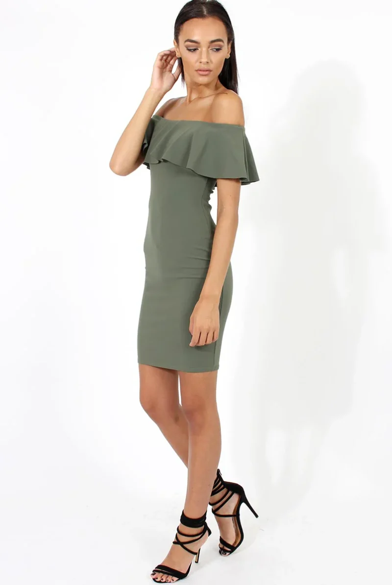 side view of khaki off shoulder bardot midi dress with fitted bodycon shape and elegant frill neckline
