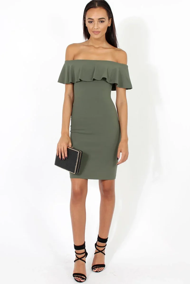 front view of khaki bardot frill midi dress styled with heels and clutch for party or evening occasion