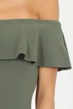 Elara Bardot Frill Hem Midi Dress - khaki (4) close up of khaki bardot dress showing off shoulder frill neckline and soft structured ruffle detail
