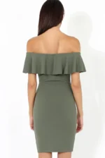 Elara Bardot Frill Hem Midi Dress - khaki (5) back view of khaki bardot frill midi dress with off shoulder neckline fitted silhouette and smooth stretch fabric