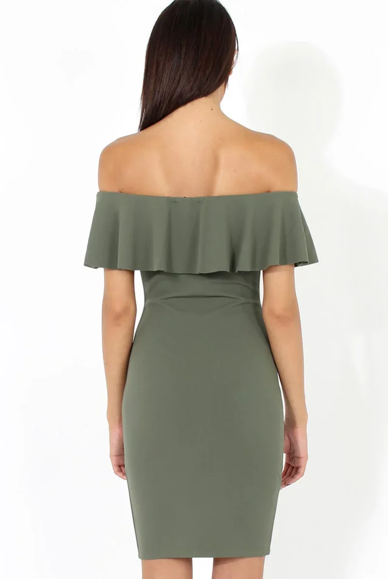 back view of khaki bardot frill midi dress with off shoulder neckline fitted silhouette and smooth stretch fabric
