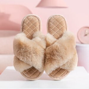 Faux fur cross slider slippers - Brown-Fabulous Bargains Galore