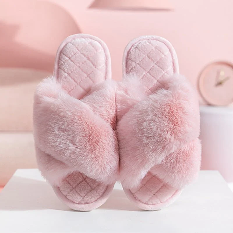 Buy Faux Fur Cross Slider Slippers - Pink - Fabulous Bargains Galore