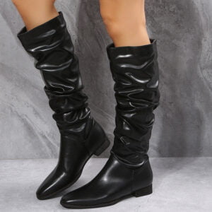 Faux leather ruched knee high boots - Black-Fabulous Bargains Galore