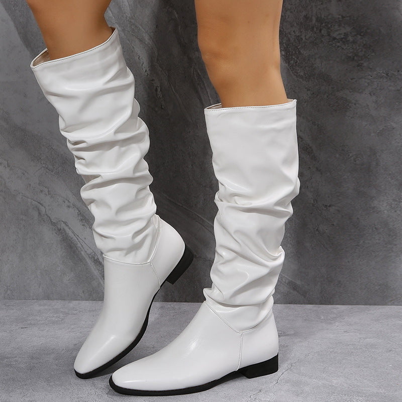 Faux leather ruched knee high boots - White-Fabulous Bargains Galore