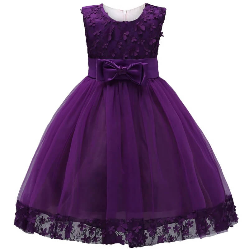 Flower detail girls tulle dress-dark-purple (2)