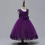 Flower detail girls tulle dress-dark-purple (4)