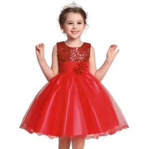 Flower girl sequin tulle dress-red (3)