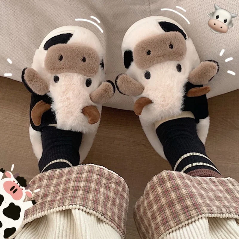 Fluffy cow slippers for adults