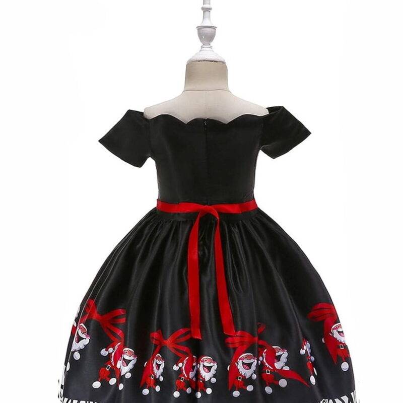 girls black festive dress back view with off the shoulder design red ribbon tie and santa print skirt