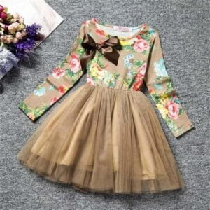 Girl flower print tulle dress - Brown (1)
