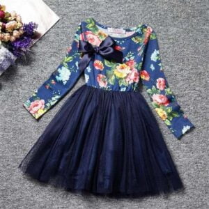 Girl flower print tulle dress - navy- Blue (4)