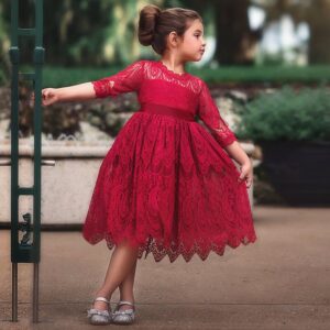 Girl lace dress with sleeves-red