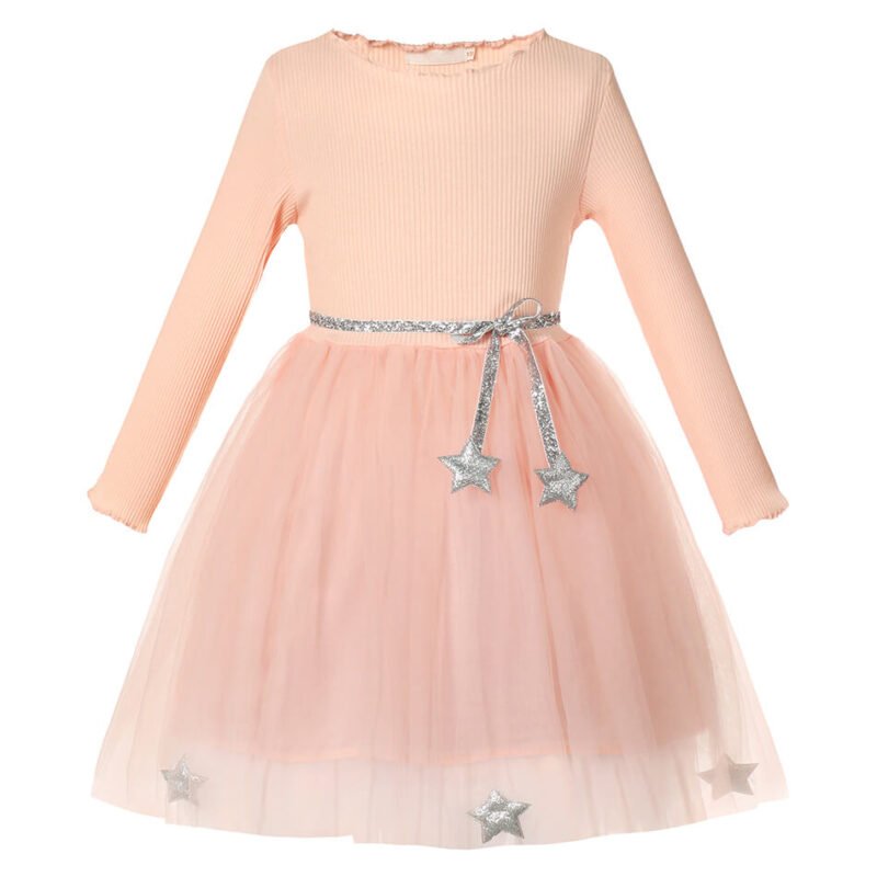 Girl long sleeve tulle dress-pink (1)