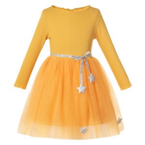 Girl long sleeve tulle dress-yellow (2)