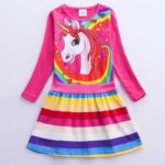 Girl long sleeve unicorn dress-pink-rainbow