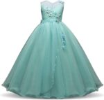 Girl long tulle ball gown dress -green (1)