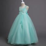 Girl long tulle ball gown dress -green (1)