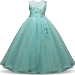 Girl long tulle ball gown dress -green (1)