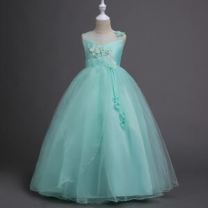 Girl long tulle ball gown dress -green (3)