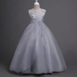Girl long tulle ball gown dress - grey (1)