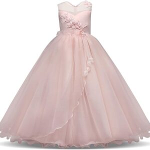 Girl long tulle ball gown dress - pink (1)