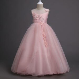 Girl long tulle ball gown dress - pink (2)