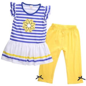 Girl short sleeve striped outfit-yellow-blue-white (1)