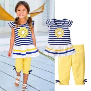 Girl short sleeve striped outfit-yellow-blue-white (6)