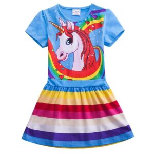 Girl short sleeve unicorn dress-blue-rainbow (2)