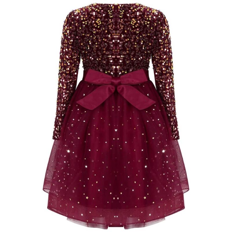 Back view of girls burgundy sequin party dress with satin bow waist detail and glitter star tulle skirt