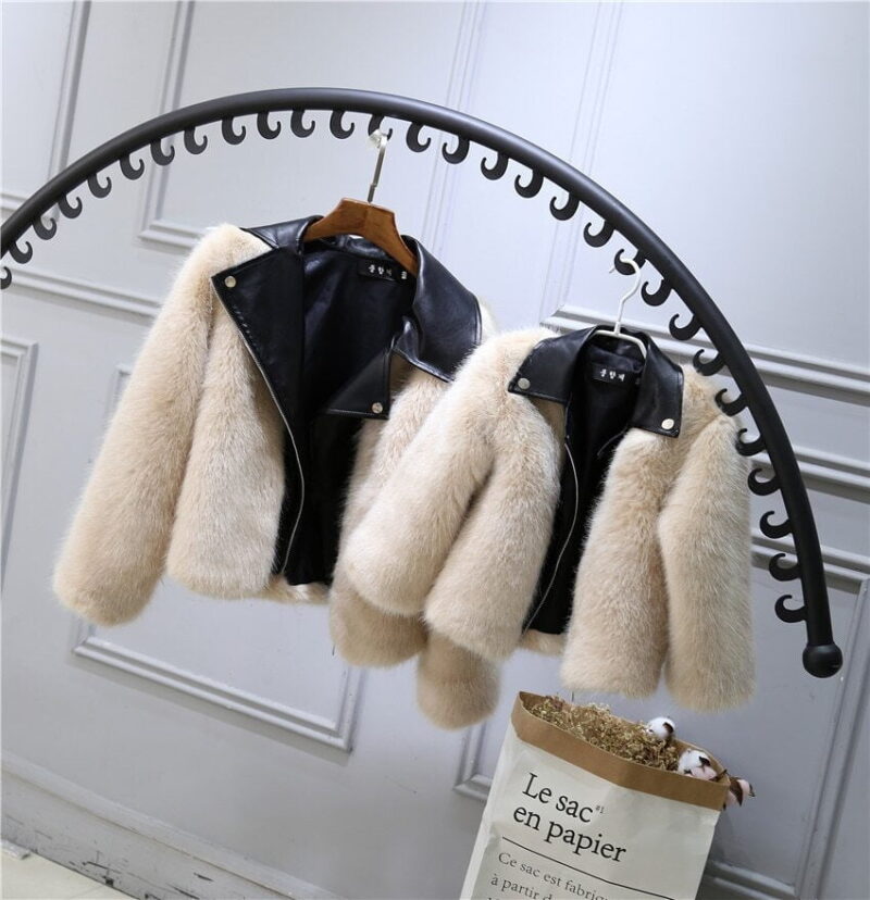Girls beige fluffy faux fur biker jacket with black faux leather lapel stylish winter coat
