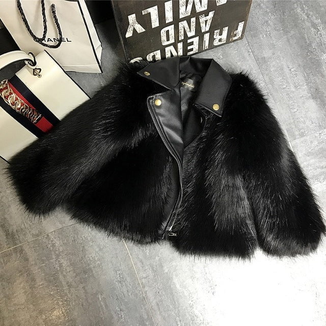 Girls black fluffy faux fur biker jacket with faux leather lapel winter fashion coat