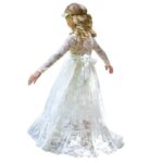 Girls Long Sleeve Lace Flower Girl Dress - ivory (2) Back view of ivory lace flower girl dress with long sleeves, sheer lace back and satin bow waist detail