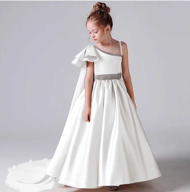 Girls ivory one-shoulder satin flower girl dress with train, ruffle sleeve and glitter waistband
