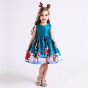 girls green christmas party dress with santa print skirt satin fabric sleeveless festive occasion outfit