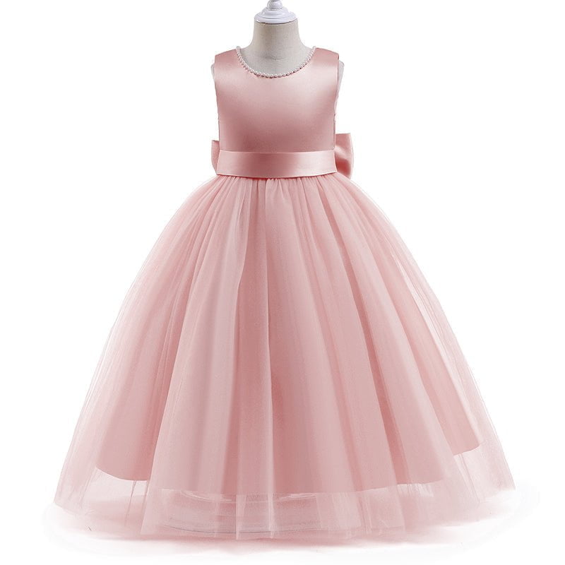 Pink flower girl dress with satin bodice, pearl neckline and full layered tulle skirt