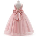 Pink flower girl dress with satin bodice, pearl neckline and voluminous tulle skirt