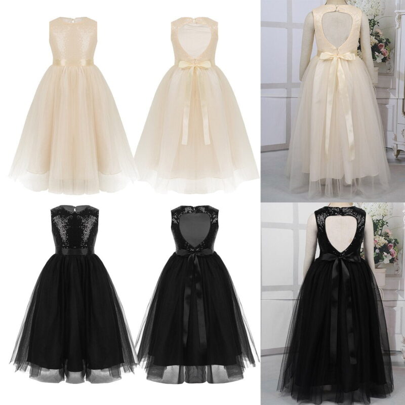 Girls sequin dress with heart cut-out back in champagne and black