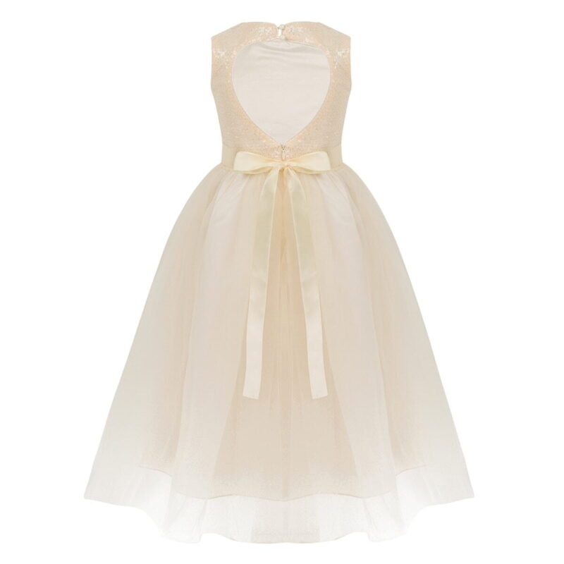 Back view of champagne girls tulle dress with heart cut-out