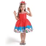 Girls Snowflake Christmas Party Dress (1) Girl wearing red snowflake Christmas party dress with festive print and sleeveless design