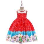 Girls Snowflake Christmas Party Dress (4) Girls red snowflake Christmas party dress with festive winter print featuring snowmen and Christmas trees