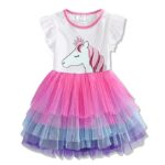 Girls unicorn tutu dress with white top, pink trim and multicolour layered tulle skirt in pink, blue and purple for parties