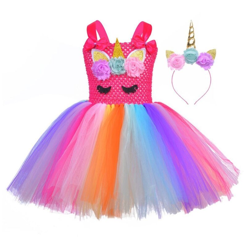 Girls rainbow unicorn tutu dress with matching floral unicorn headband and colourful tulle skirt