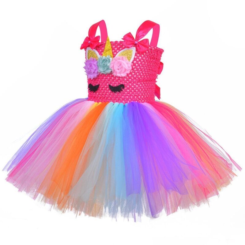 Side view of girls rainbow unicorn tutu dress with floral unicorn design and layered rainbow tulle skirt