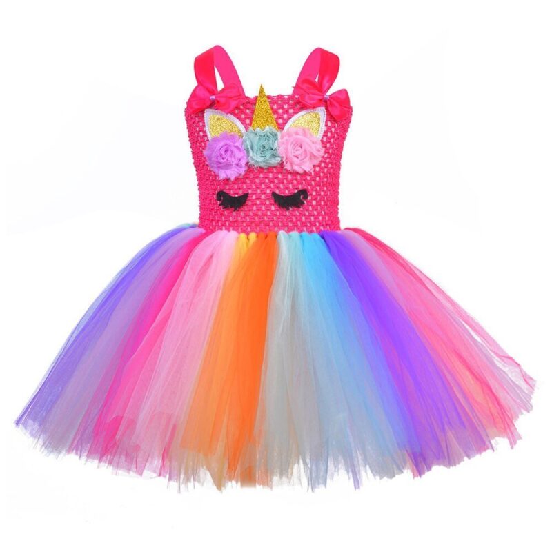 Front view girls vivid rainbow unicorn dress with colourful tutu skirt and unicorn face design