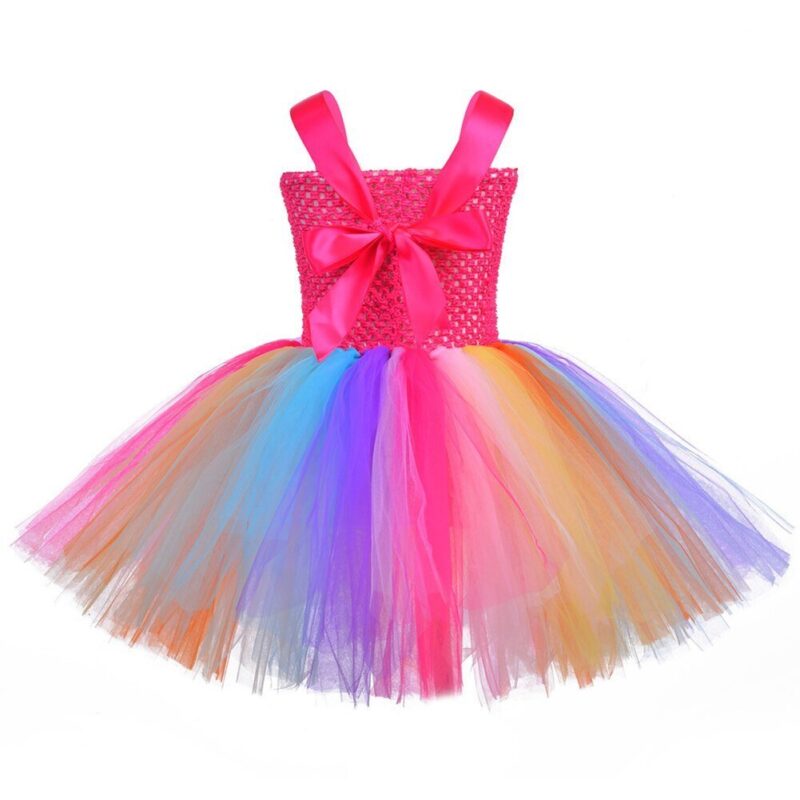 Back view girls rainbow unicorn tutu dress with satin bow detail and colourful layered tulle skirt